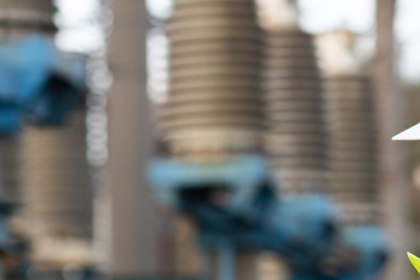 Utility worker in front of transmission station